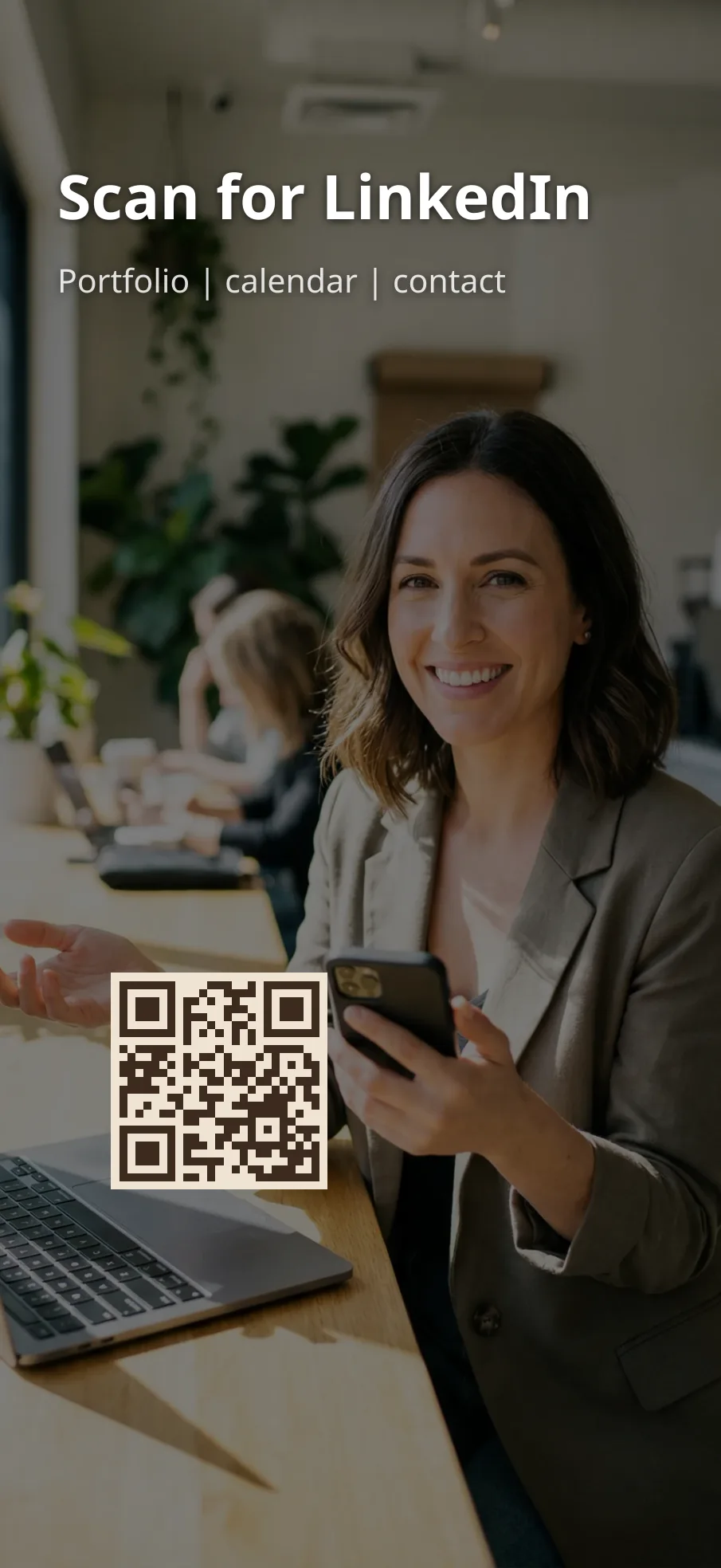 Lock screen wallpaper with a QR code linking to a LinkedIn profile.